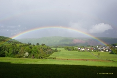 Blick von der Ruhebank am Rundwanderweg Nr. auf den Regenbogen über Taben-Rodt (1.5.2020)